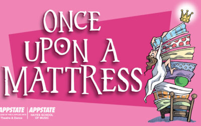 Artwork for the theatre production of Once Upon a Mattress using an illustration of a young girl climbing up a stack of mattresses