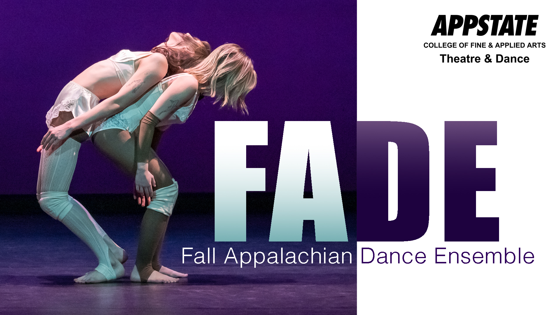 Two dancers with long hair, back to back, representing the fall dance performance