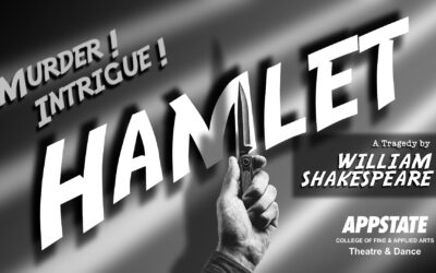 Hand holding a knife with words Murder! and Intrigue!