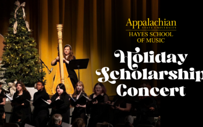 A choir and a woman playing an instrument standing in front of a Christmas tree