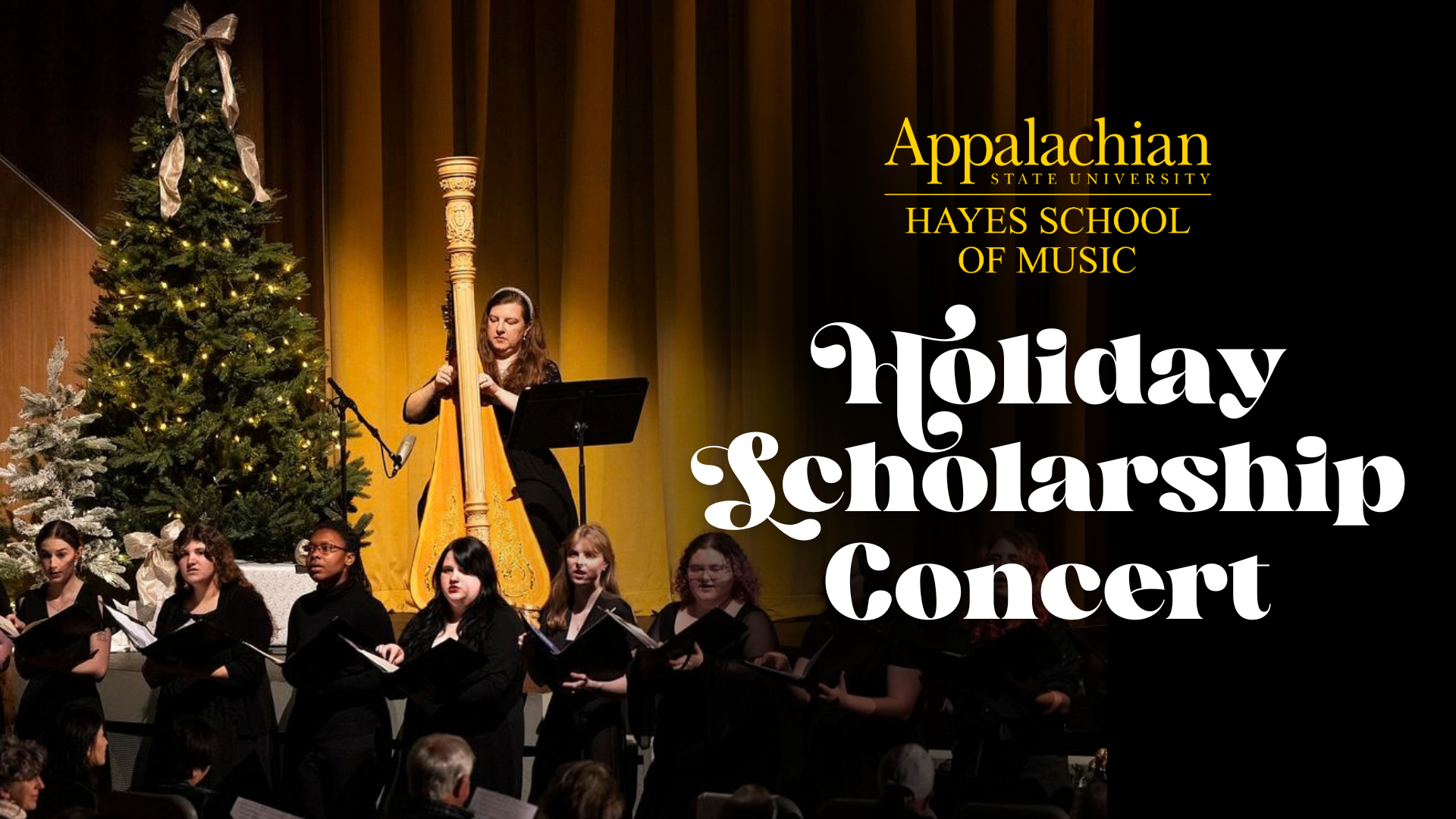 A choir and a woman playing an instrument standing in front of a Christmas tree